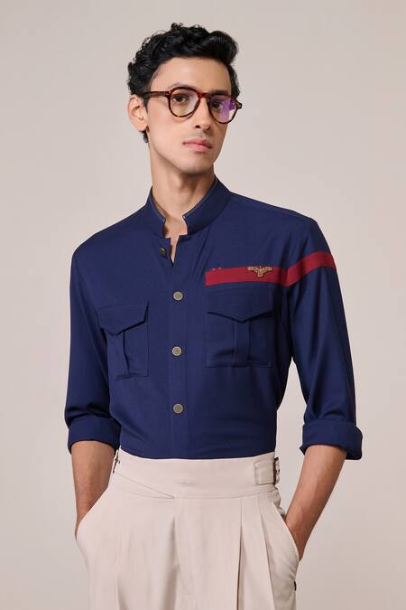 S&N By Shantnu Nikhil_Blue Viscose Embroidery Navy Slim Fit Shirt With Faux Leather Details_Online_at_Aza_Fashions