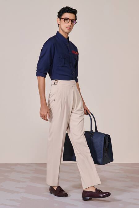 Buy_S&N By Shantnu Nikhil_Blue Viscose Embroidery Navy Slim Fit Shirt With Faux Leather Details_Online_at_Aza_Fashions