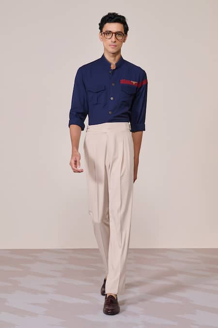 S&N By Shantnu Nikhil Blue Viscose Embroidery Navy Slim Fit Shirt With Faux Leather Details 