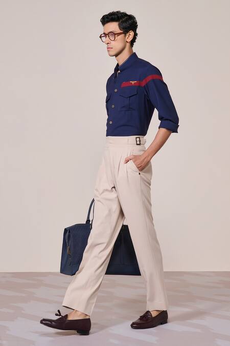 Shop_S&N By Shantnu Nikhil_Blue Viscose Embroidery Navy Slim Fit Shirt With Faux Leather Details_Online_at_Aza_Fashions