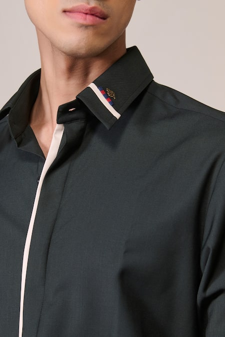 Buy_S&N By Shantnu Nikhil_Green Rayon Embroidery Military Slim Fit Designer Shirt_Online_at_Aza_Fashions