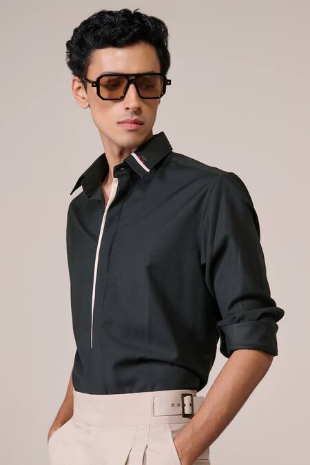 Shop_S&N By Shantnu Nikhil_Green Rayon Embroidery Military Slim Fit Designer Shirt_Online_at_Aza_Fashions