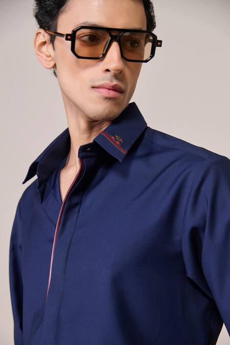 Shop_S&N By Shantnu Nikhil_Navy Rayon Slim Fit Designer Shirt_Online_at_Aza_Fashions