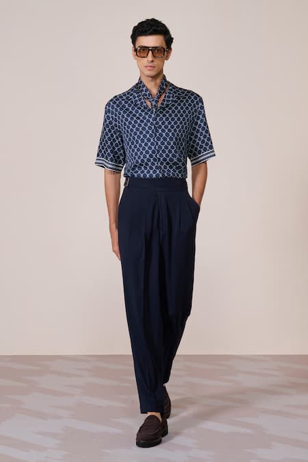 S&N By Shantnu Nikhil Navy Silk, Twill Adamas Print Shirt 