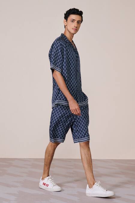 S&N By Shantnu Nikhil_Navy Silk, Twill Adamas Print Shirt_Online_at_Aza_Fashions