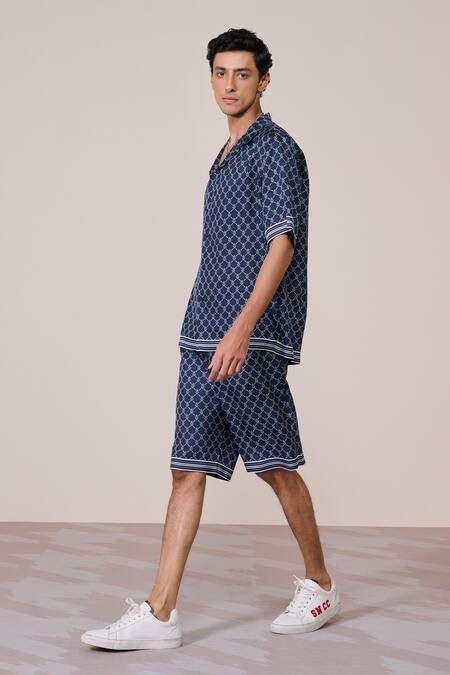 Buy_S&N By Shantnu Nikhil_Navy Silk, Twill Adamas Print Shirt_Online_at_Aza_Fashions