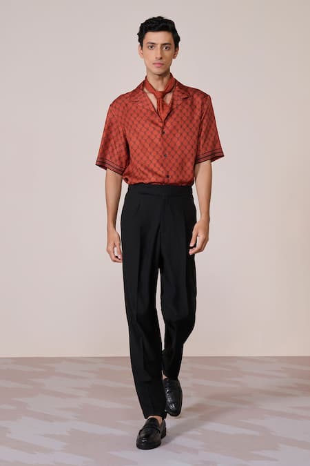 S&N by Shantnu Nikhil Rust Adamas Print Silk Twill Shirt 
