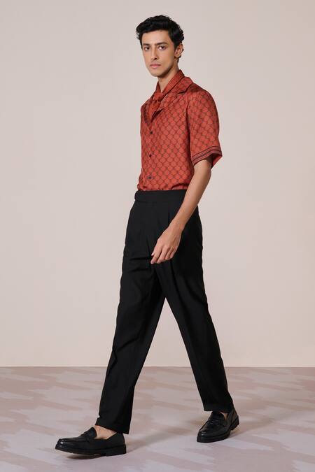S&N By Shantnu Nikhil_Rust Silk, Twill Adamas Print Shirt_Online_at_Aza_Fashions