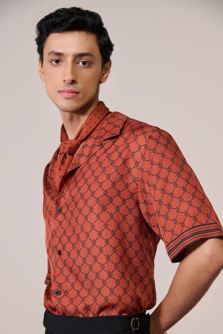 Shop_S&N By Shantnu Nikhil_Rust Silk, Twill Adamas Print Shirt_Online_at_Aza_Fashions