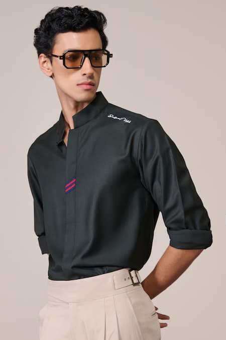 Buy_S&N By Shantnu Nikhil_Green Rayon Military Slim Fit Designer Shirt_Online_at_Aza_Fashions