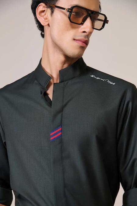 Shop_S&N By Shantnu Nikhil_Green Rayon Military Slim Fit Designer Shirt_Online_at_Aza_Fashions