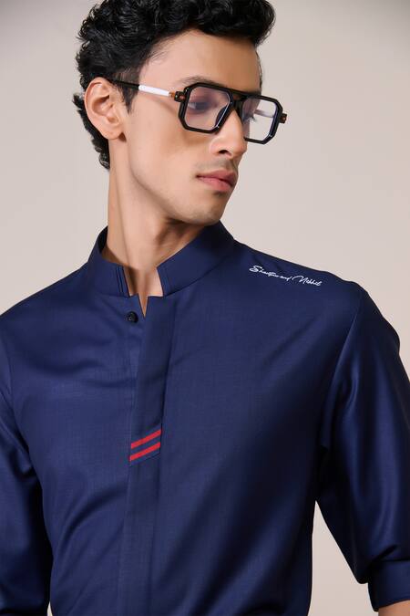 Shop_S&N By Shantnu Nikhil_Blue Rayon Navy Slim Fit Designer Shirt_Online_at_Aza_Fashions