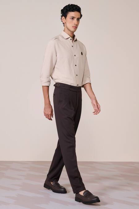 Buy_S&N By Shantnu Nikhil_Beige Rayon, Linen Ecru Slim Fit Shirt_Online_at_Aza_Fashions