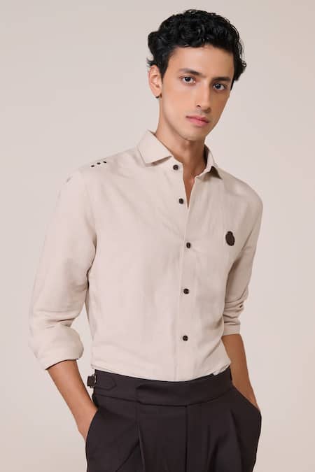 Shop_S&N By Shantnu Nikhil_Beige Rayon, Linen Ecru Slim Fit Shirt_Online_at_Aza_Fashions