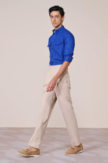 S&N By Shantnu Nikhil_Rose Gold Rayon, Linen Embroidery Racer Blue Slim Fit Shirt_Online_at_Aza_Fashions