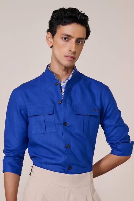 Buy_S&N By Shantnu Nikhil_Rose Gold Rayon, Linen Embroidery Racer Blue Slim Fit Shirt_Online_at_Aza_Fashions