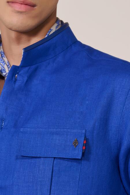 Shop_S&N By Shantnu Nikhil_Rose Gold Rayon, Linen Embroidery Racer Blue Slim Fit Shirt_Online_at_Aza_Fashions