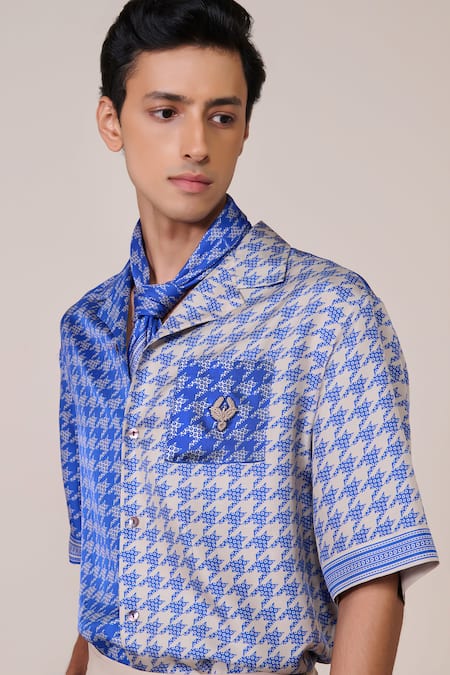 Shop_S&N By Shantnu Nikhil_Blue Silk, Twill Embroidery Designer Shirt_Online_at_Aza_Fashions