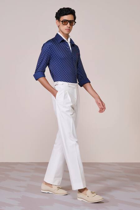 Buy S&N By Shantnu Nikhil Blue Jersey Embroidery Navy Polka Dot Slim Fit Shirt Online at Aza Fashions Buy_S&N By Shantnu Nikhil_Blue Jersey Embroidery Navy Polka Dot Slim Fit Shirt_Online_at_Aza_Fashions