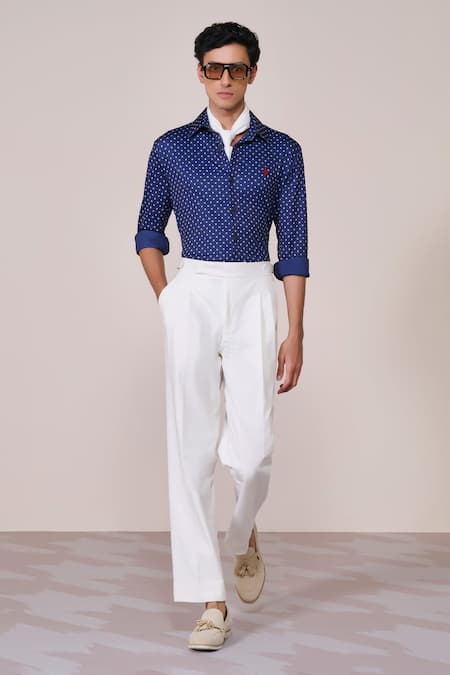 S&N By Shantnu Nikhil Blue Jersey Embroidery Navy Polka Dot Slim Fit Shirt 
