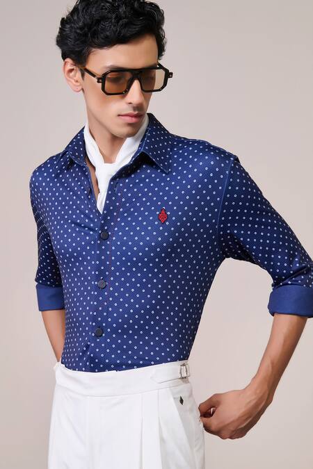 Shop S&N By Shantnu Nikhil Blue Jersey Embroidery Navy Polka Dot Slim Fit Shirt Online at Aza Fashions Shop_S&N By Shantnu Nikhil_Blue Jersey Embroidery Navy Polka Dot Slim Fit Shirt_Online_at_Aza_Fashions