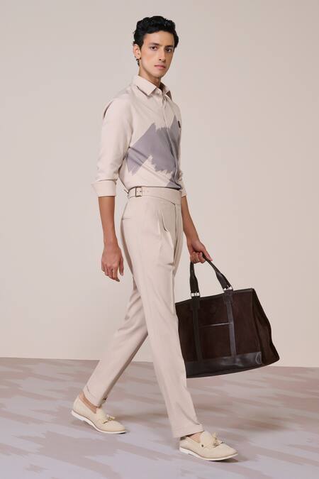 Buy_S&N By Shantnu Nikhil_Beige Rayon, Twill Embroidery Khaki Designer Slim Fit Shirt_Online_at_Aza_Fashions