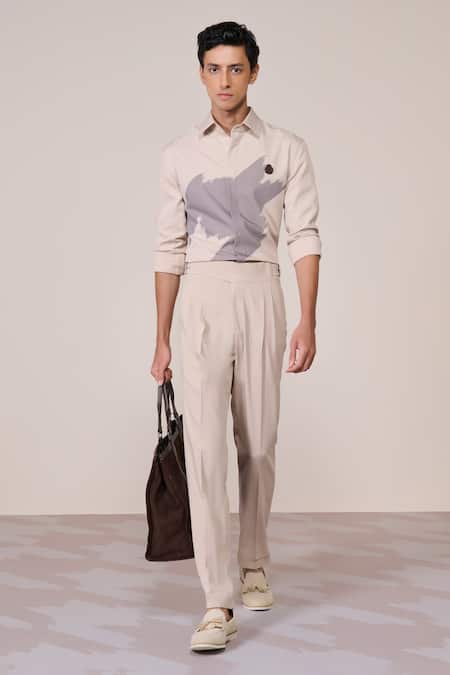 S&N By Shantnu Nikhil Beige Rayon, Twill Embroidery Khaki Designer Slim Fit Shirt 