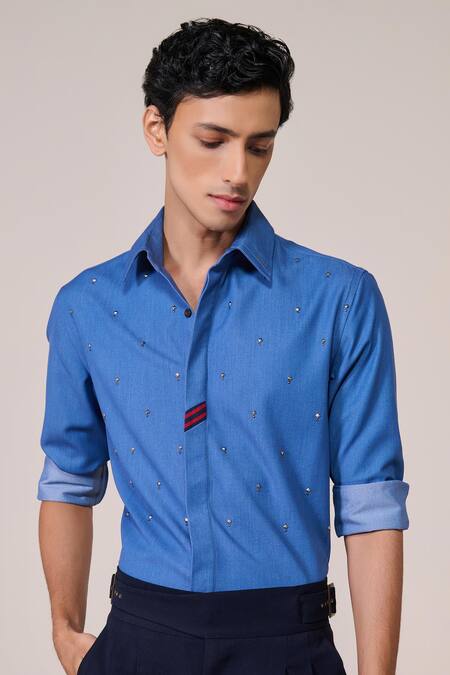 S&N By Shantnu Nikhil_Blue Viscose, Spandex Metallic Thread Designer Dark Denim Slim Fit Shirt_Online_at_Aza_Fashions