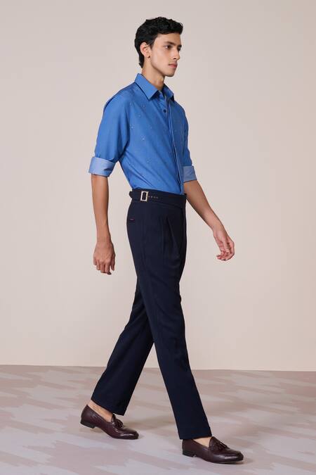 Buy_S&N By Shantnu Nikhil_Blue Viscose, Spandex Metallic Thread Designer Dark Denim Slim Fit Shirt_Online_at_Aza_Fashions