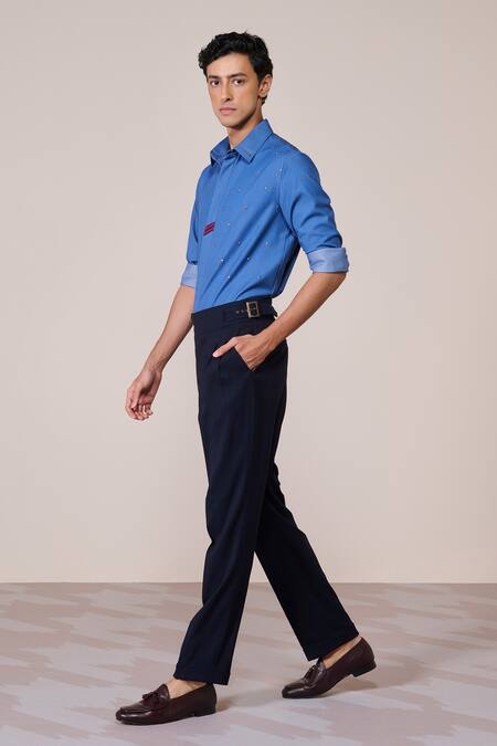 Shop_S&N By Shantnu Nikhil_Blue Viscose, Spandex Metallic Thread Designer Dark Denim Slim Fit Shirt_Online_at_Aza_Fashions
