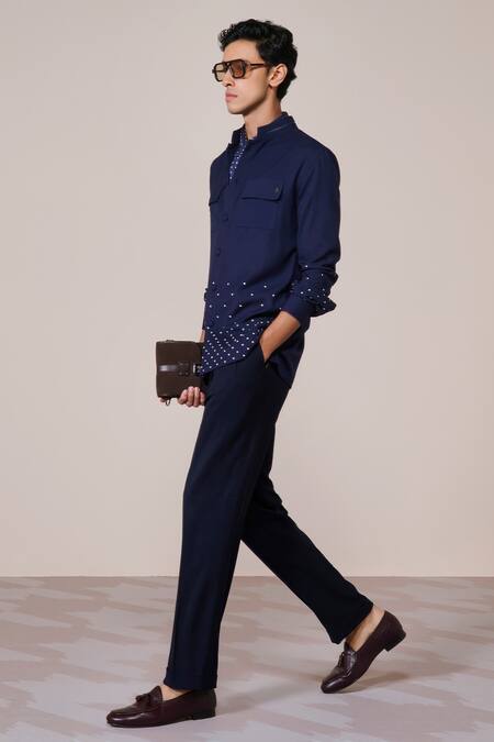 S&N By Shantnu Nikhil_Blue Rayon Navy Designer Slim Fit Shirt_Online_at_Aza_Fashions