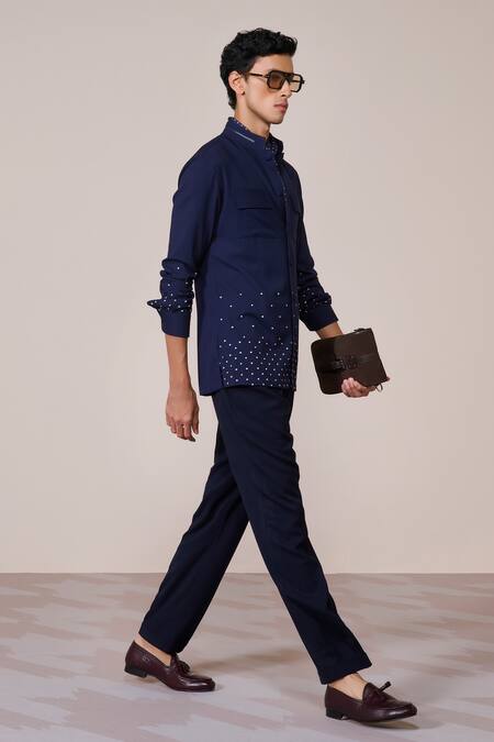 Buy_S&N By Shantnu Nikhil_Blue Rayon Navy Designer Slim Fit Shirt_Online_at_Aza_Fashions