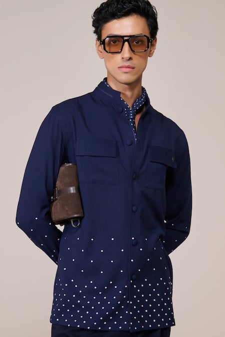 Shop_S&N By Shantnu Nikhil_Blue Rayon Navy Designer Slim Fit Shirt_Online_at_Aza_Fashions