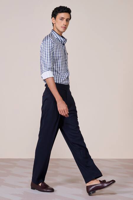 S&N By Shantnu Nikhil_Off White Jersey Embroidery Navy Houndstooth Print Designer Shirt_Online_at_Aza_Fashions