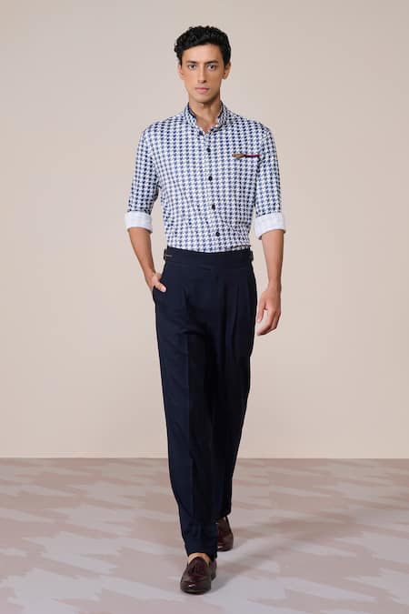S&N by Shantnu Nikhil Navy Houndstooth Print Designer Shirt 
