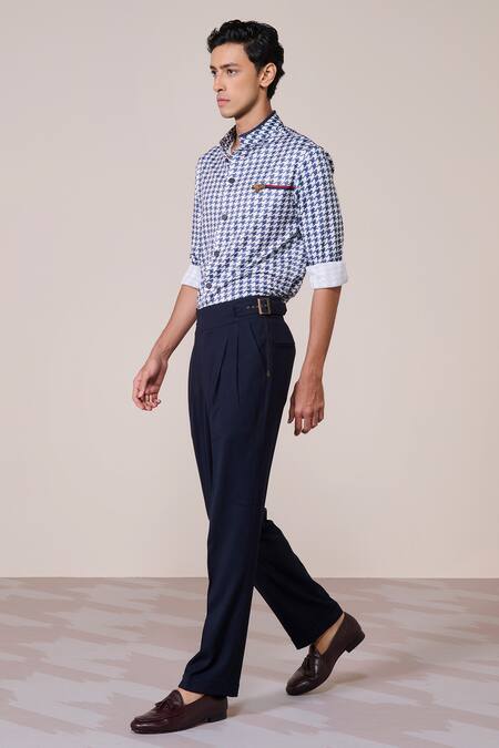Buy_S&N By Shantnu Nikhil_Off White Jersey Embroidery Navy Houndstooth Print Designer Shirt_Online_at_Aza_Fashions