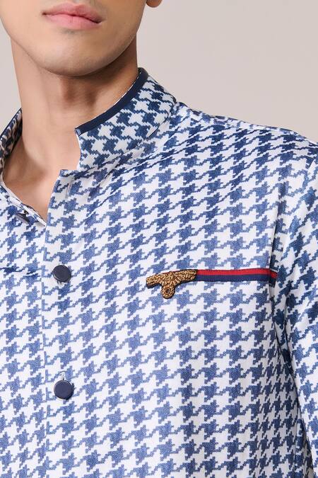 Shop_S&N By Shantnu Nikhil_Off White Jersey Embroidery Navy Houndstooth Print Designer Shirt_Online_at_Aza_Fashions