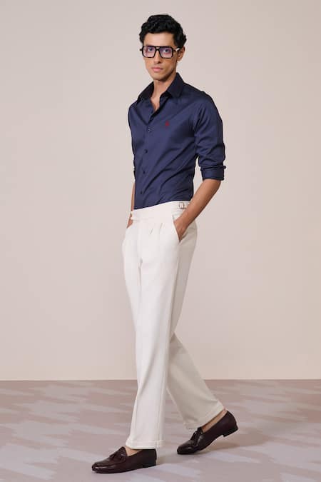 S&N By Shantnu Nikhil_Blue Cotton Embroidery Navy Slim Fit Designer Shirt_Online_at_Aza_Fashions