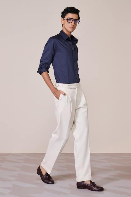 Buy_S&N By Shantnu Nikhil_Blue Cotton Embroidery Navy Slim Fit Designer Shirt_Online_at_Aza_Fashions