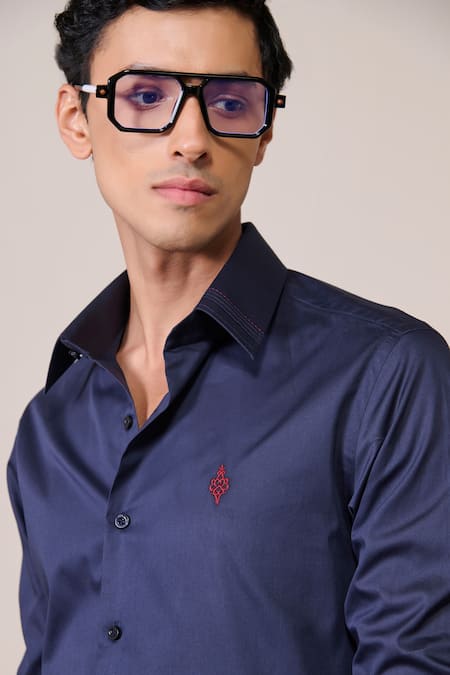 Shop_S&N By Shantnu Nikhil_Blue Cotton Embroidery Navy Slim Fit Designer Shirt_Online_at_Aza_Fashions