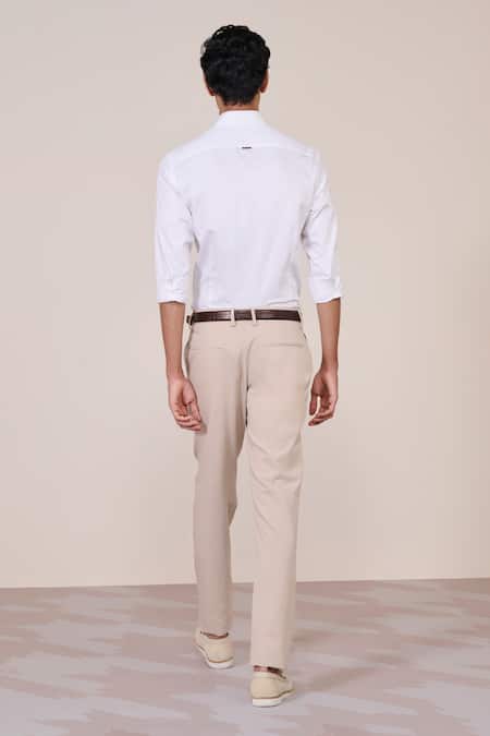 S&N By Shantnu Nikhil_Beige Rayon, Twill Slim Fit Ecru Trouser_Online_at_Aza_Fashions