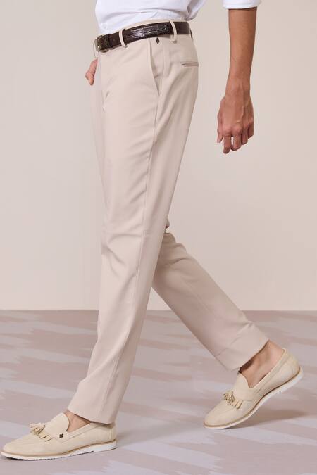 Buy_S&N By Shantnu Nikhil_Beige Rayon, Twill Slim Fit Ecru Trouser_Online_at_Aza_Fashions