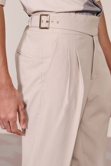 S&N By Shantnu Nikhil_Beige Linen Ecru Slim Fit Trouser_Online_at_Aza_Fashions