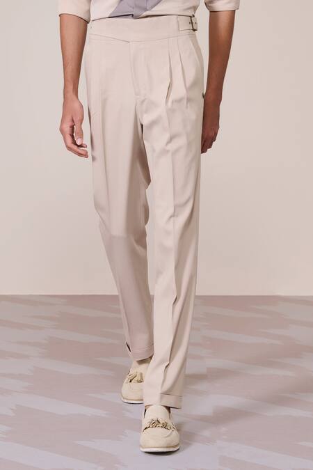 Buy_S&N By Shantnu Nikhil_Beige Linen Ecru Slim Fit Trouser_Online_at_Aza_Fashions