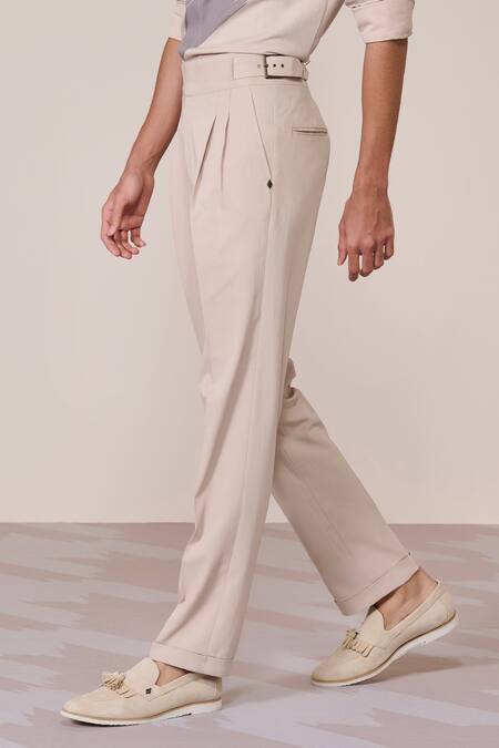 Shop_S&N By Shantnu Nikhil_Beige Linen Ecru Slim Fit Trouser_Online_at_Aza_Fashions