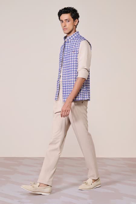 S&N By Shantnu Nikhil_Blue Rayon Embroidery Ecru Slim Fit Nehru Jacket_Online_at_Aza_Fashions