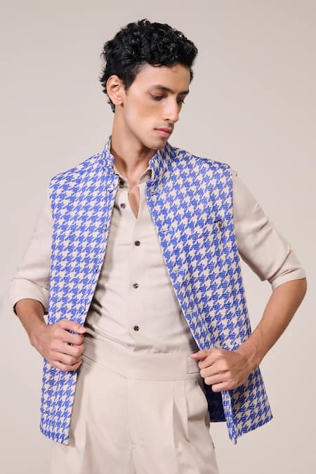 Buy_S&N By Shantnu Nikhil_Blue Rayon Embroidery Ecru Slim Fit Nehru Jacket_Online_at_Aza_Fashions
