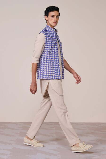 Shop_S&N By Shantnu Nikhil_Blue Rayon Embroidery Ecru Slim Fit Nehru Jacket_Online_at_Aza_Fashions
