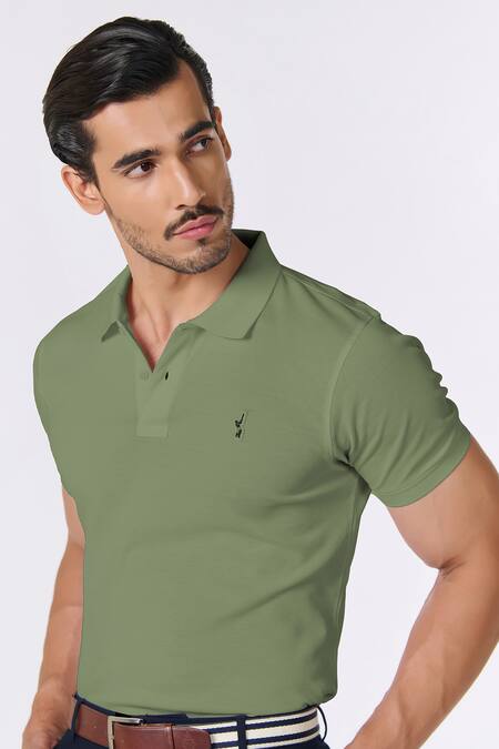 Buy_S&N By Shantnu Nikhil_Green Embroidery Sage Slim Fit Designer T-shirt_Online_at_Aza_Fashions