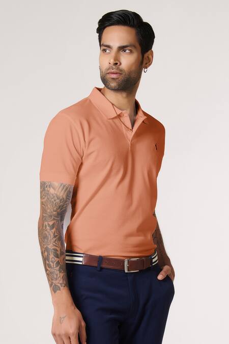Buy_S&N By Shantnu Nikhil_Peach Embroidery Slim Fit Designer T-shirt_Online_at_Aza_Fashions